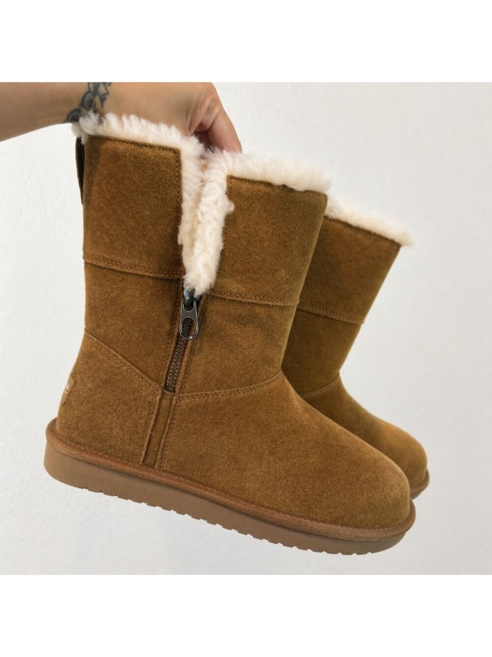 Koolaburra by UGG Mid Calf Boots Womens 8 Brown Suede Shearling Lined Zip